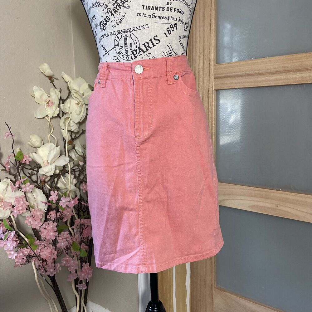 Nine West Jeans Coral Mini Pencil Skirt Size 4/27 Crystal Embellished Pockets